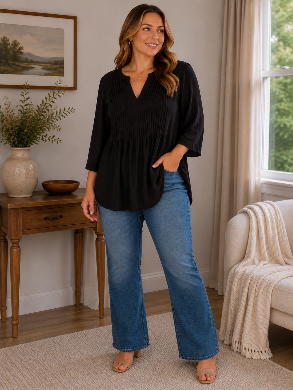 Reitman’s Women's Black Pleated V-Neck tunic